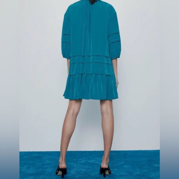 Zara 3/4 sleeve ruffled hem duck blue mini dress - Picture 2 of 10